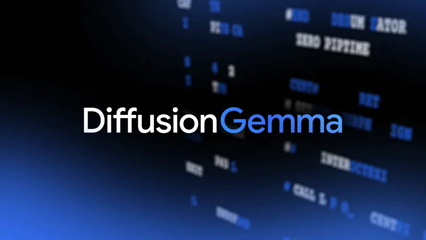 DiffusionGemma wordmark over a dark gradient with blurred code tokens drifting in the background