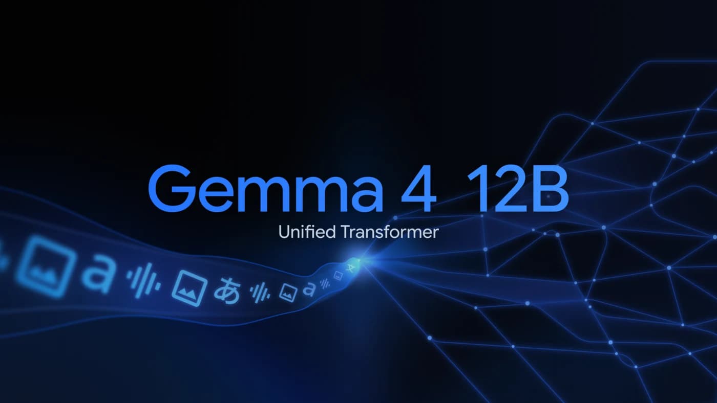 Gemma 4 12B unified transformer graphic with text, image and audio inputs on a dark background