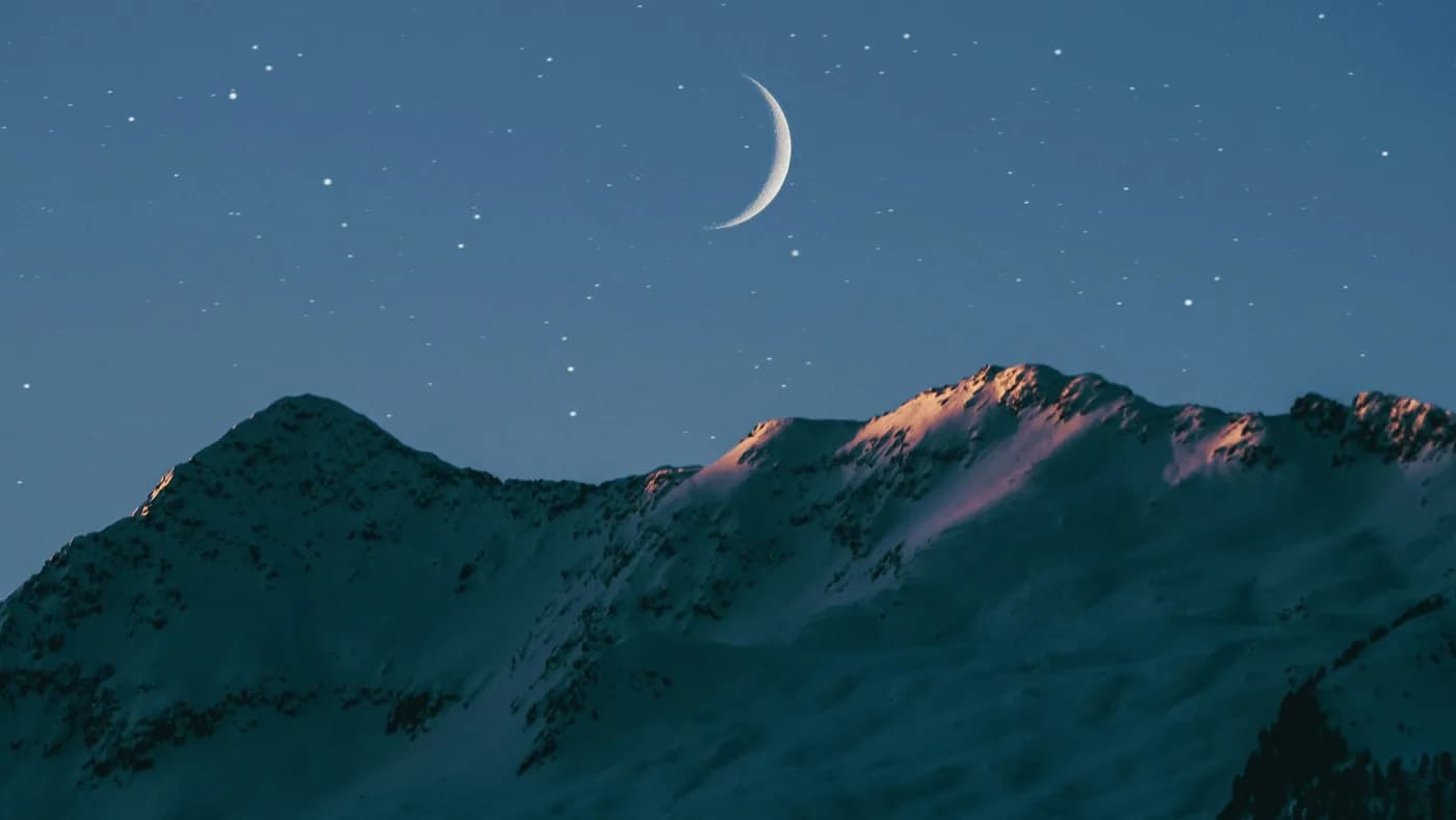A crescent moon and stars over sunlit mountain peaks, evoking the Sol, Terra, and Luna tiers