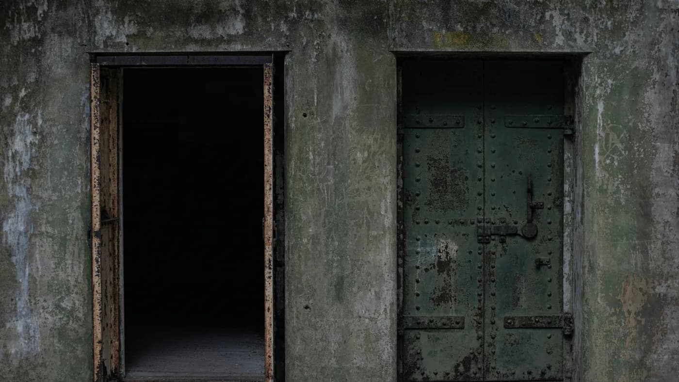 Two identical concrete doorways in a weathered wall, one open to darkness, one sealed with a steel door