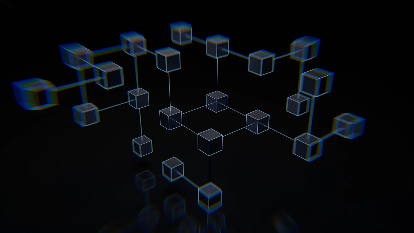 Glowing 3D network of translucent cube nodes on black evoking a frontier AI model neural architecture