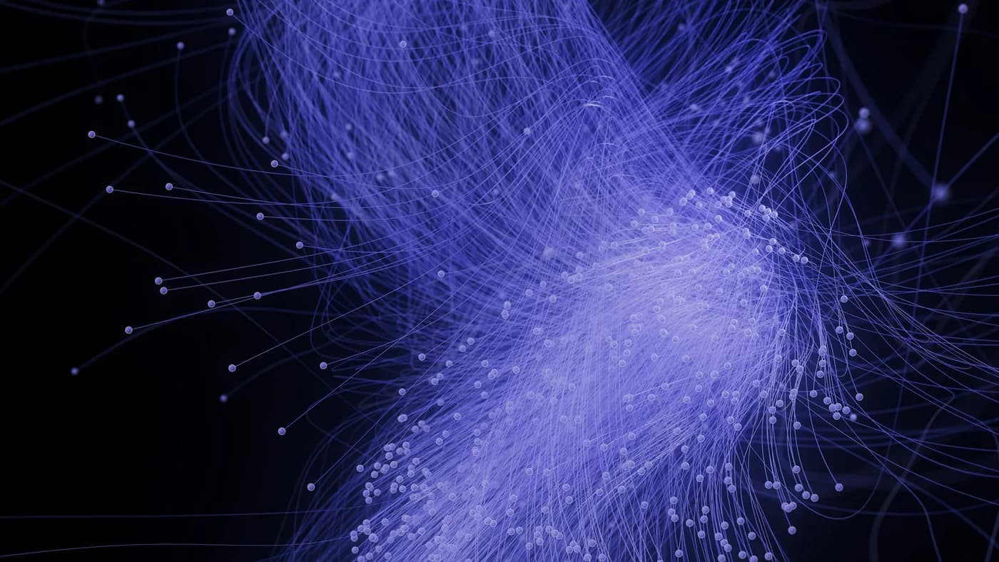 Abstract blue data-flow visualization representing LLM cost per quality analysis