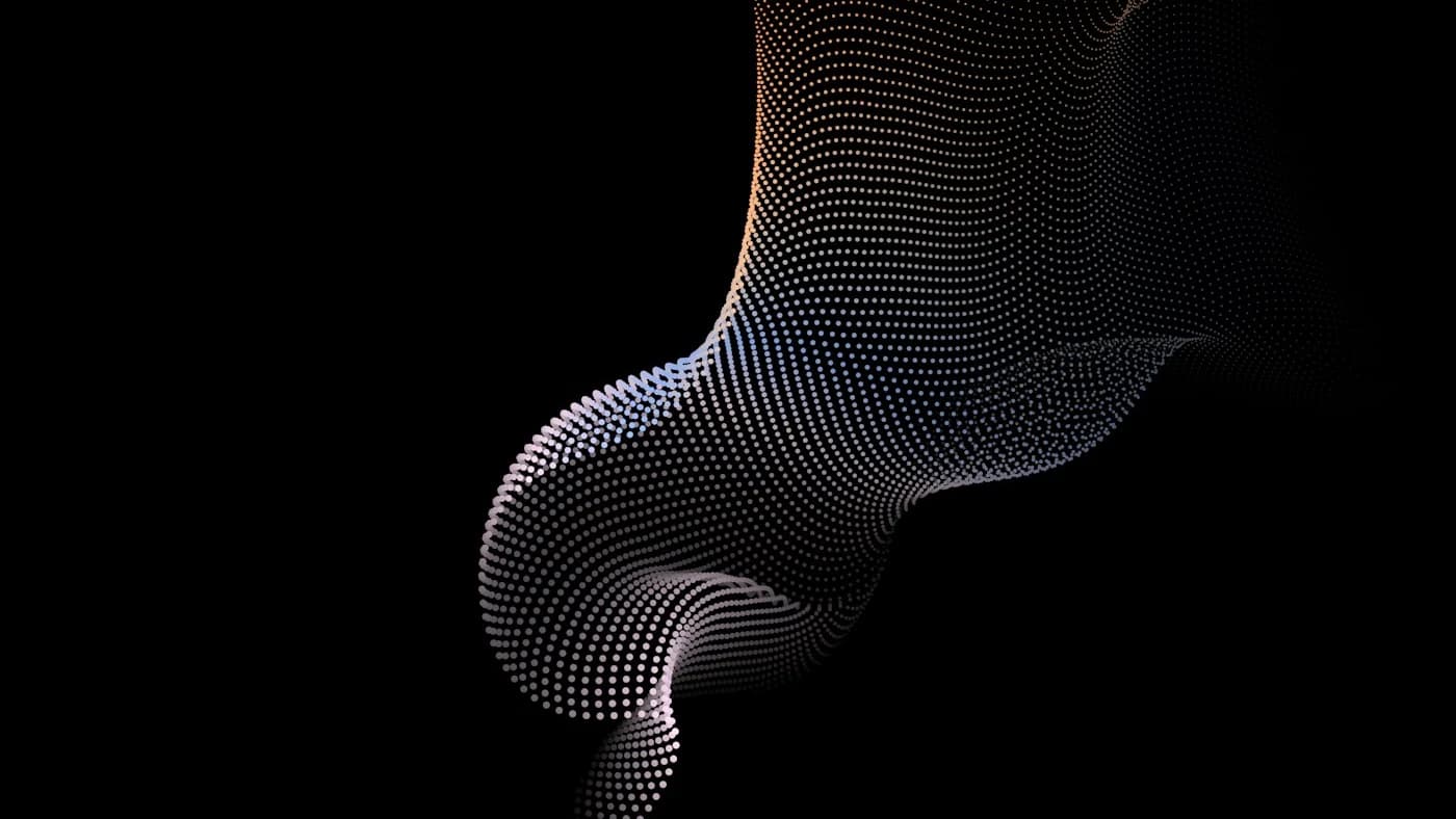 Flowing particle ribbon on black background suggesting diffusion-based parallel token generation