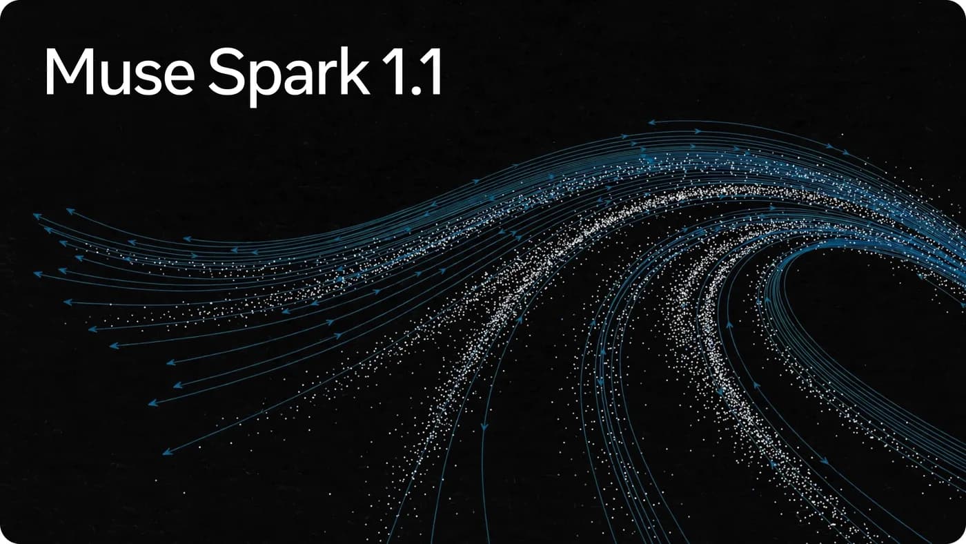 Meta Muse Spark 1.1 announcement graphic, blue particle streams over black