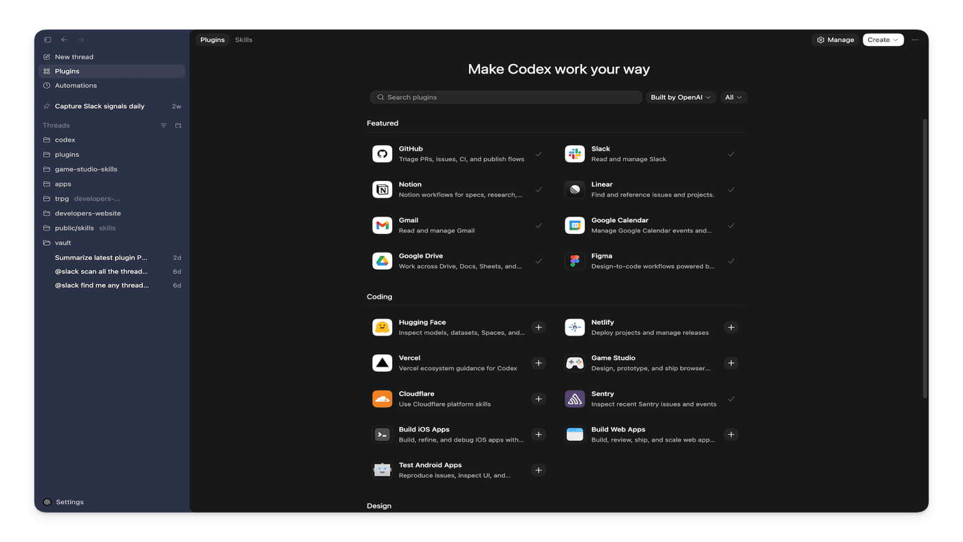 OpenAI Codex plugin marketplace dark UI showing integrations for GitHub, Slack, Figma, and Linear