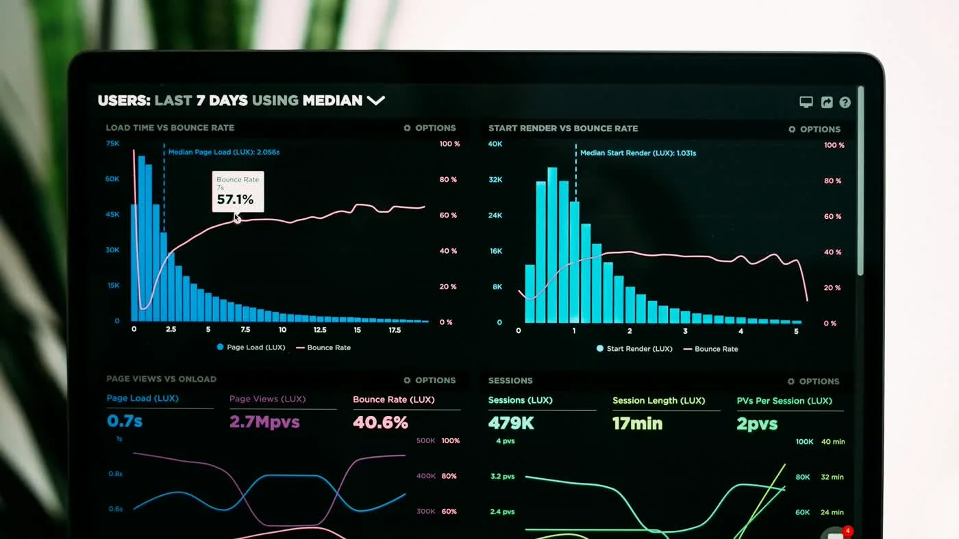Dark analytics dashboard showing performance metrics and charts with blue data visualizations