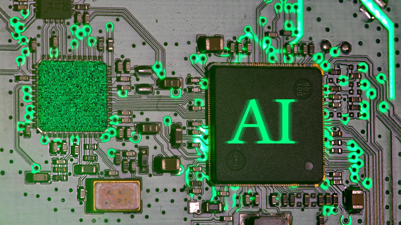 Glowing AI chip on a dark circuit board representing sparse MoE activation